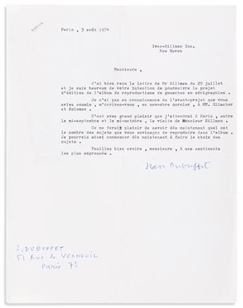 DUBUFFET, JEAN. Two Typed Letters Signed, each to Sewell Sillman and Norman Ives of the publishing house Ives-Sillman Inc., in French,